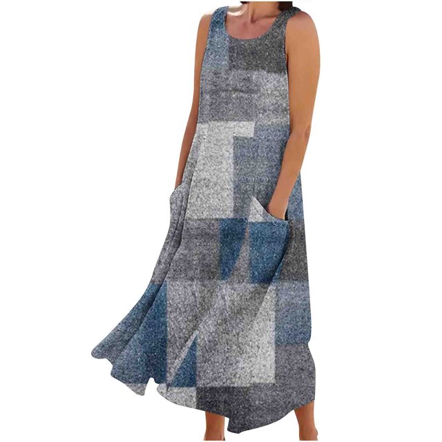 Birdeem Robes pour Femmes Robe Longue Sans Manches en Coton et Lin à Col Rond Imprimé