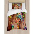 thumbnail image 3 of Bohemian Queen Size Duvet Cover Set, World Map on Wooden Rustic Planks Background Creative Abstract Countries Print, Decorative 3 Piece Bedding Set with 2 Pillow Shams, Multicolor, by Ambesonne, 3 of 3