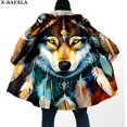 thumbnail image 3 of Capa gruesa y cálida con capucha para hombre, abrigo con estampado 3D de lobo Native Dream Catcher, Luna artística, abrigo de lana a prueba de viento, bata de Manta, 3, 3 of 3