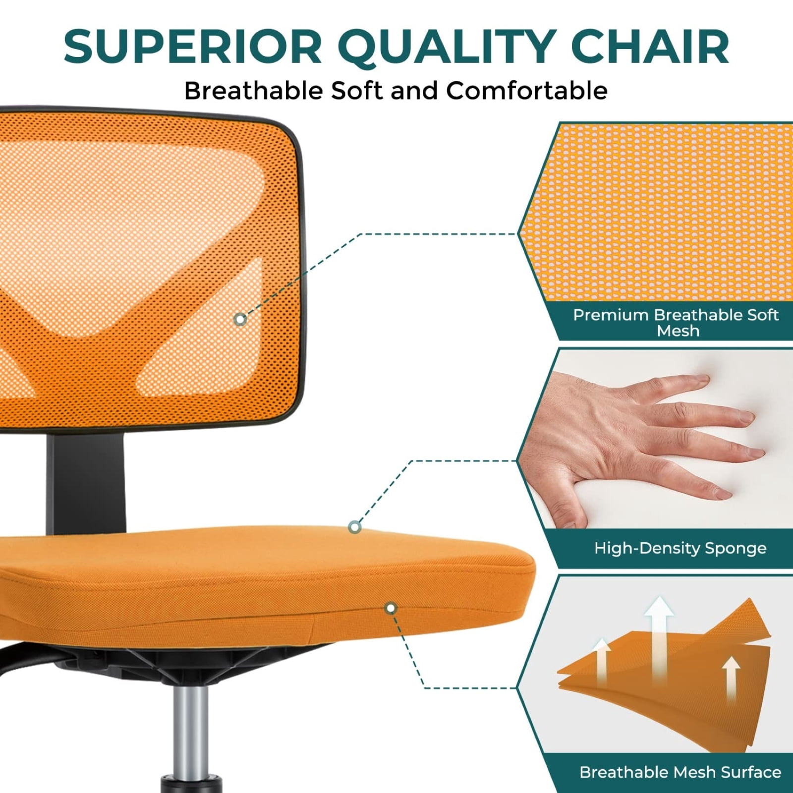 Kelno Small Desk Chair with Wheels Armless Low-Back Office Chair Ergonomic Adjustable Computer Desk Chair with Lumbar Support,Orange