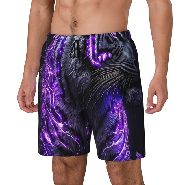 Balery Purple Plant White Tiger Bañador para hombre, shorts de playa de secado rápido con entrepierna y forro de compresión-Medium