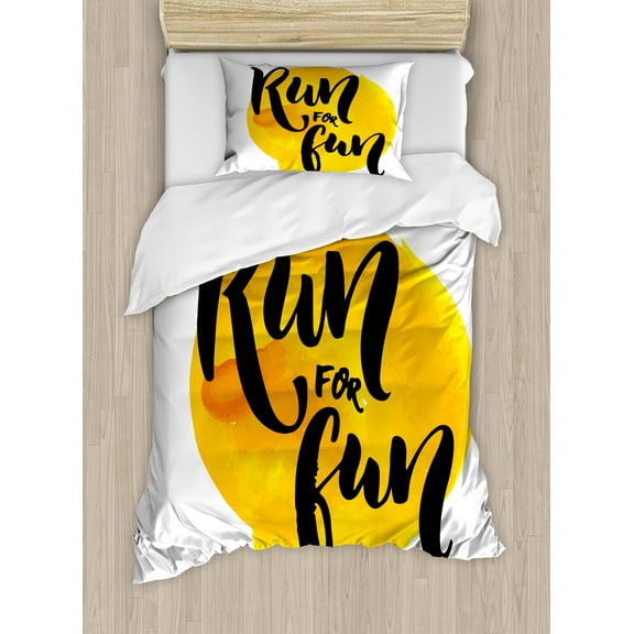 Inspirational Duvet Cover Set, Run for Fun Calligraphy Yellow Brushstrokes Backdrop Lifestyle Image, Decorative 2 Piece Bedding Set with 1 Pillow Shams, Twin Size, Black White Yellow, by Ambesonne
