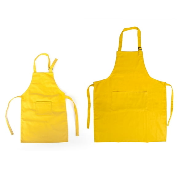 Opromo Colorful Cotton Canvas Kid's & Adult's Aprons with Pocket, Artist Apron & Chef Apron in Set (Yellow, 21"L x 13"W/29"L x 24"W)