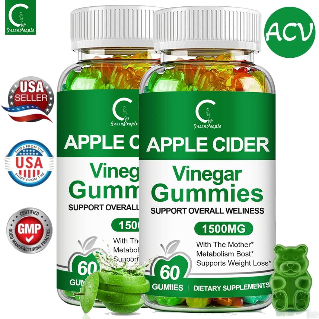 (2 Pack)GreenPeople Keto Apple Cider Vinegar Gummies 1500MG Appetite