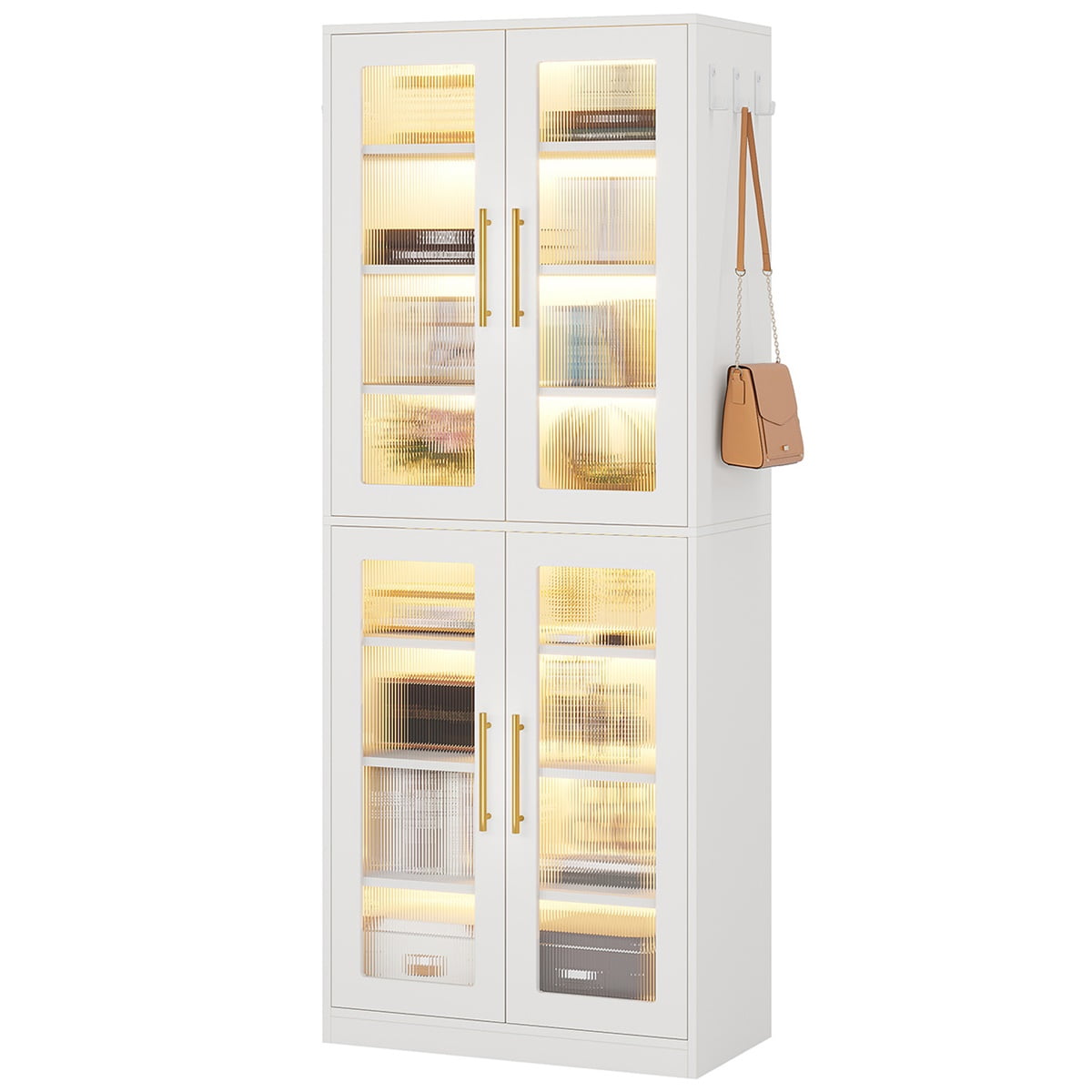 Hommoo 8-Tier Freestanding Tall Shoe Cabinet with Acrylic Doors and LED Lights, 24 Pairs,White