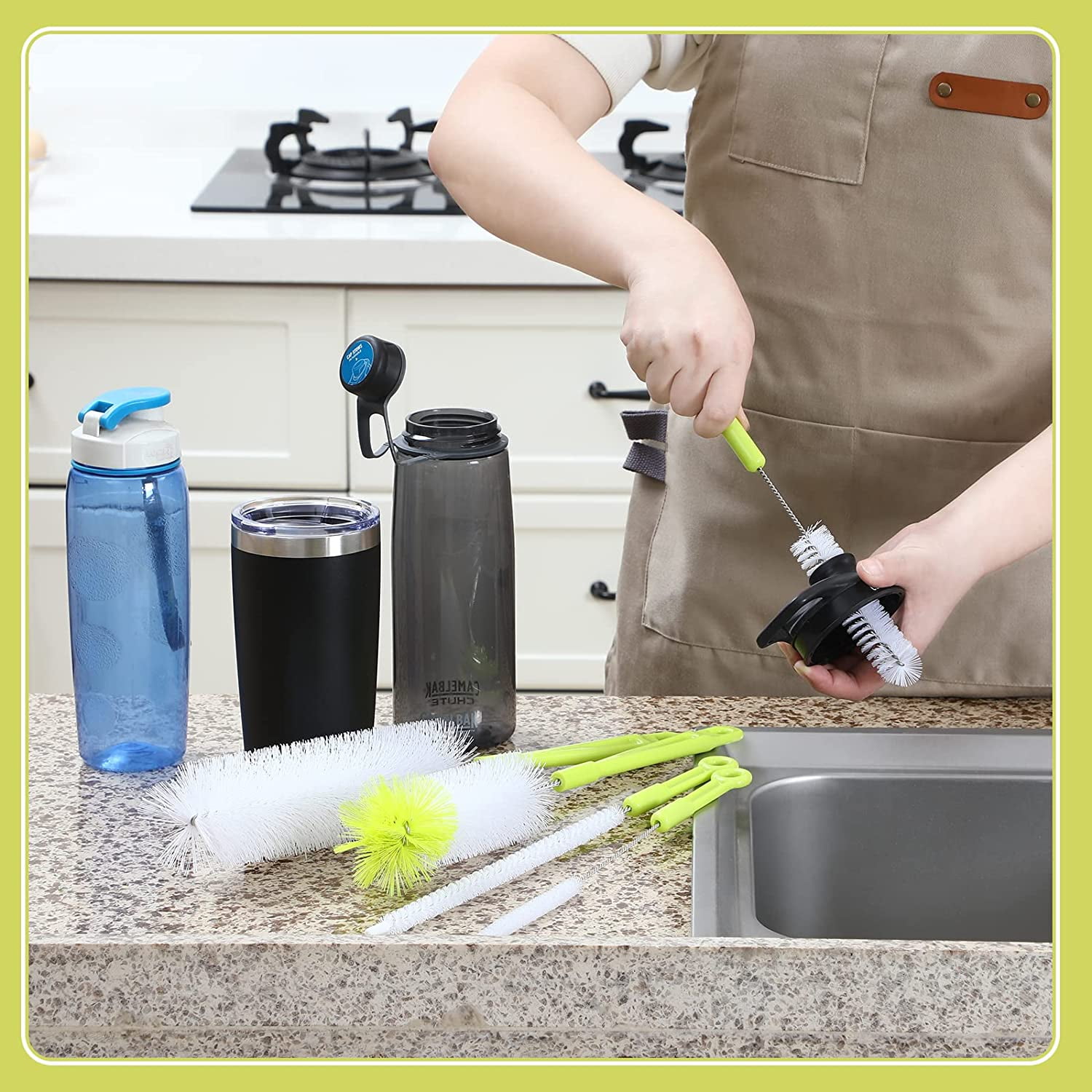 Bottle Cleaning Brush Set - Long Handle Cleaner for Washing Narrow Neck Beer Bottles, Sports Water Bottles with Straw Brush, Kettle Sp/Lid Brushes