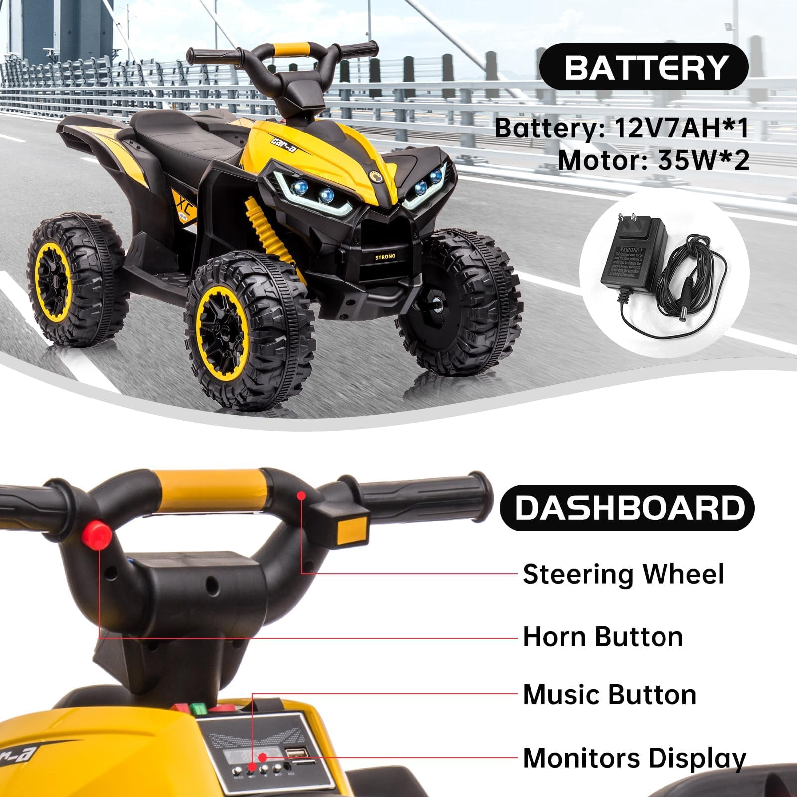 Accreate Battery Powered 12V Kids Electric ATV, Dual Motor 4-Wheeler with Parent Remote, Music Dashboard, 1.9–3.1 MPH, 7AH, Shock Absorber, Front Lights, for Children Ages 3–8, 40–60 Min Run Time