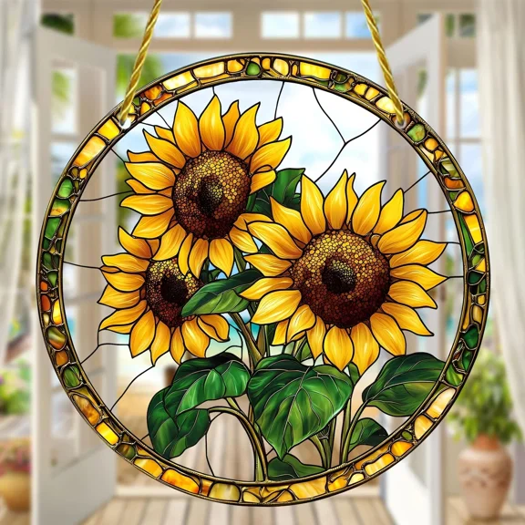 Golden Yellow Sunflowers Suncatcher | Water Ripple Acrylic | Faux Stained Glass Hanging Decor | Floral Gift