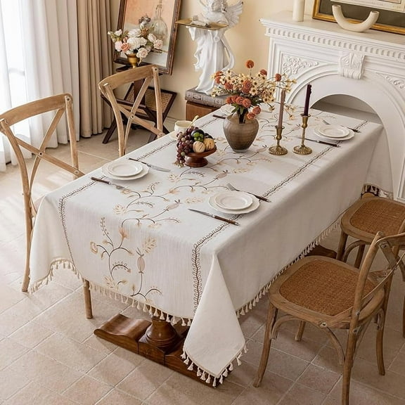 Day Linen Waterproof Tablecloth with Tassels, Rustic Farmhouse Flowers Embroidery Table Cloths for Rectangle Tables, Heavy Weight Spill-Proof Table Covers, Pink Florals, 70''x 52''