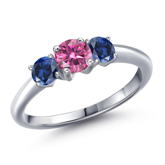 Gem Stone King 925 Sterling Silver Pink Moissanite and Blue Created Sapphire Engagement Ring for Women | 1.00 Cttw | Round 5MM | Gemstone Birthstone | Size 5