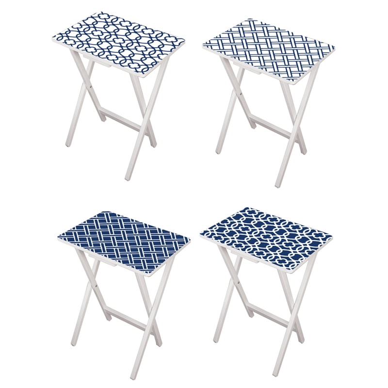 Mod Blue and White TV Trays, Set of 4, with White Stands