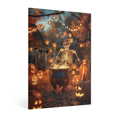 Vintage Halloween Skeleton and Pumpkin Canvas Wall Art Painting,Horror Creepy Dark Poster, Halloween Gothic Artwork Picture Print Decor, Spooky Ghost Wall Decor for Living Room Bedroom Party Framed