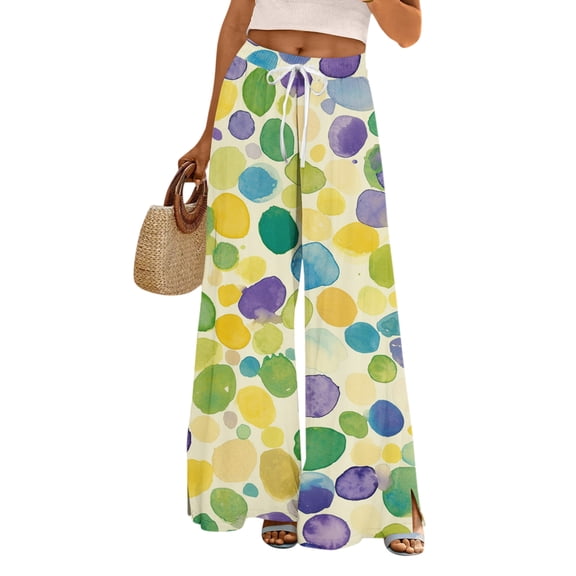 Ladies Loose Casual Printed Wide Leg Pants with Elastic Waistband Drawstring and Pocket Pants, Carnival Theme Trousers, Bohemian Style Pants for Women,Fluorescence Yellow,XL