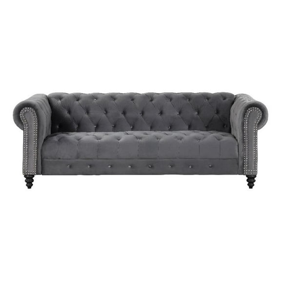 RN Furnishings Chesterfield  89" Button Tufted Velvet Fabric Sofa-Gray