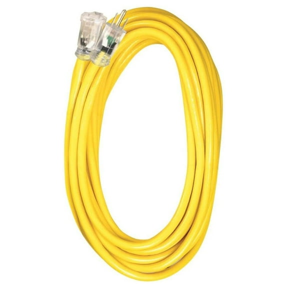 100ft 12/3 SJTW Outdoor Extension Cord - Lighted End, Yellow/Blue Stripe - Heavy Duty, UL Listed, 15 Amp, 1875W - Contractor & Home Use