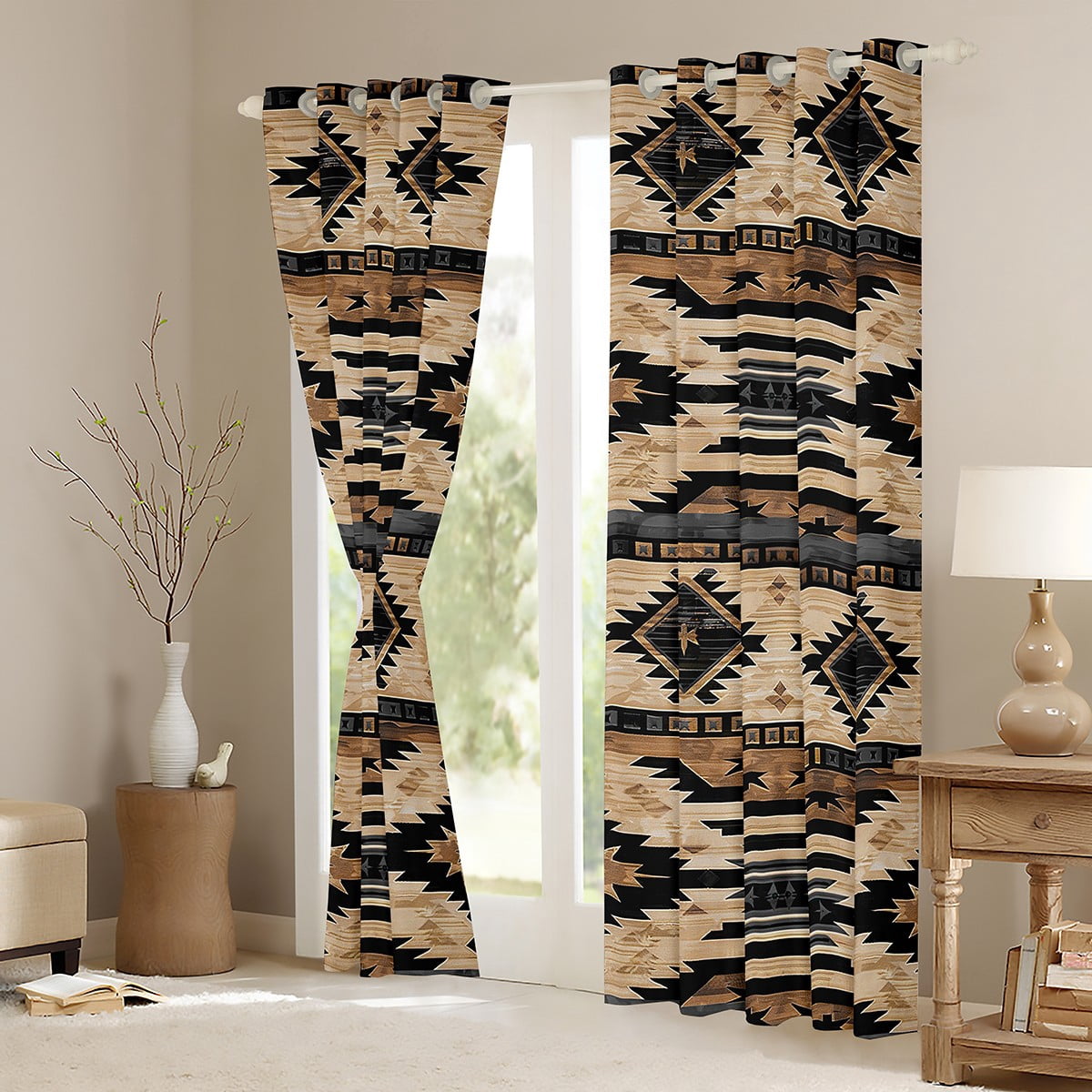 Manfei Hippie Aztec Curtains and Drapes (42x63), Pale Brown Curtains Pack of 2, Bohomian Western Black Out Curtains, Window Curtains Room Decoration