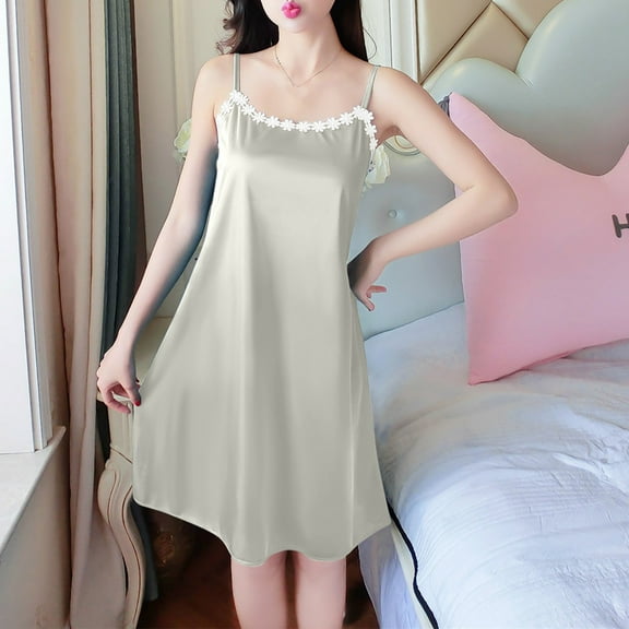 Wancir Women's V-Neck Nightdress Sleeveless Sleep Dress Solid Color for Home Lounge