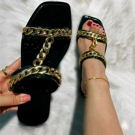 

Alueeu Women s slipper Womens Shoes Summer Slippers Metal Chain Square Toe Slippers Fashion Flat Plus Size Slippers