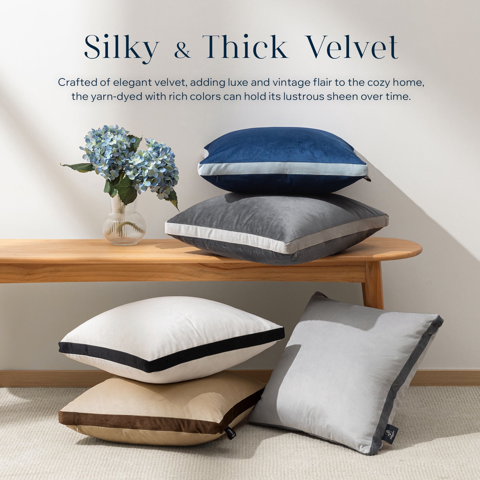 Phantoscope Velvet Decorative Throw Pillows with Inserts, 3D Patchwork Design, 18 x 18 in, Light Gray, 2 Pack