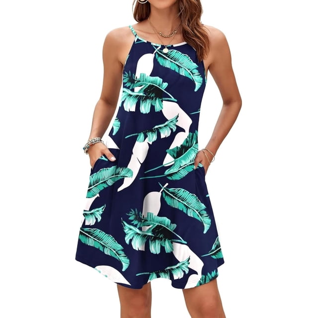Jdffashion Robe d'Été pour Femmes Col Licou Sans Manches Mini Robe Décontractée Florale de Plage avec Poches