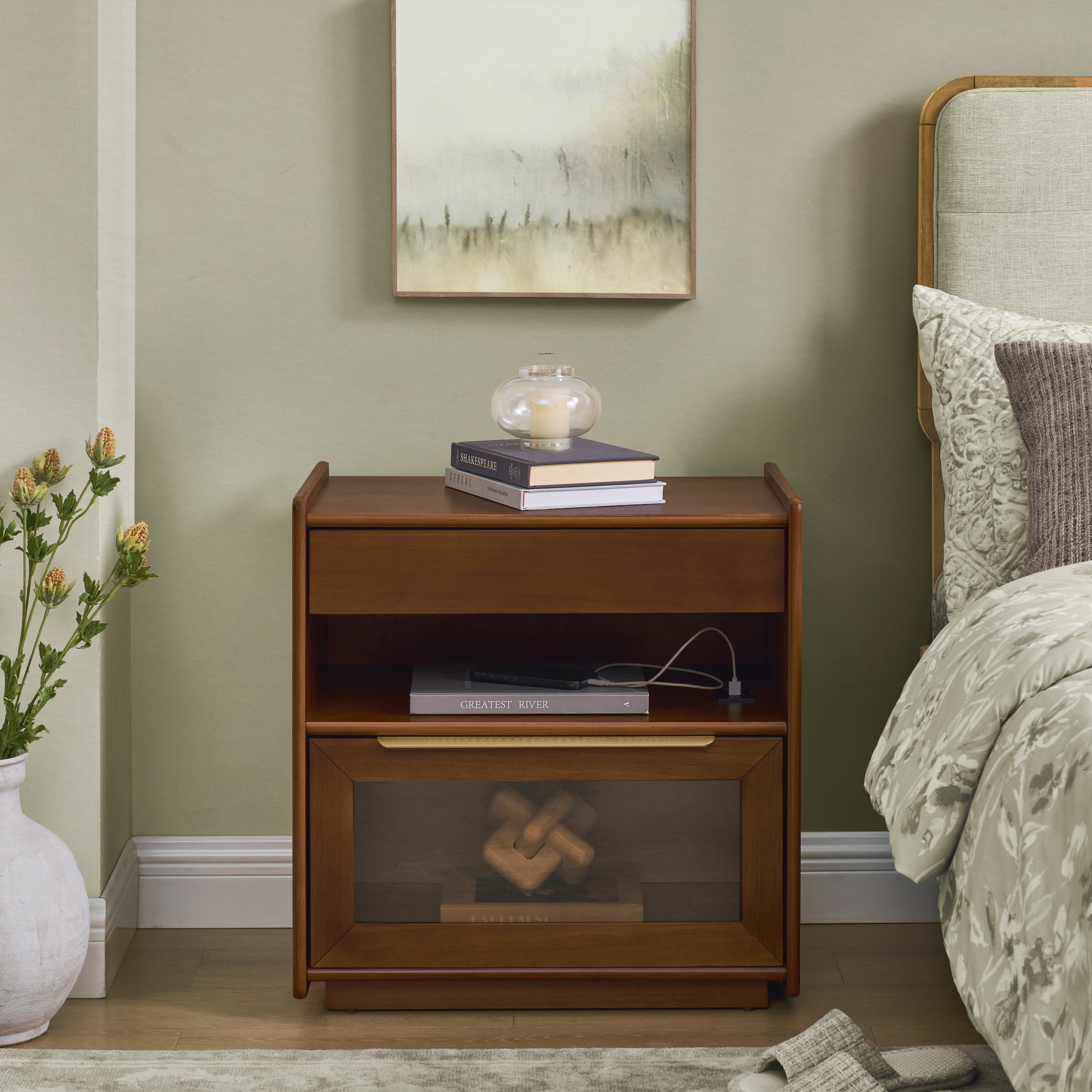 Noble House Mid-Century Nightstand with Charging Station,  Glass Detail & Open Shelf, Farmhouse End Table, Dark Walnut