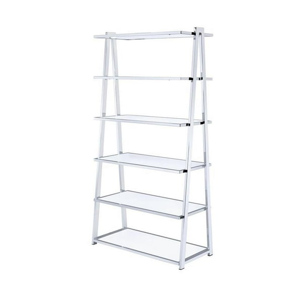 Bowery Hill Leaning Bookcase in White High Gloss and Chrome