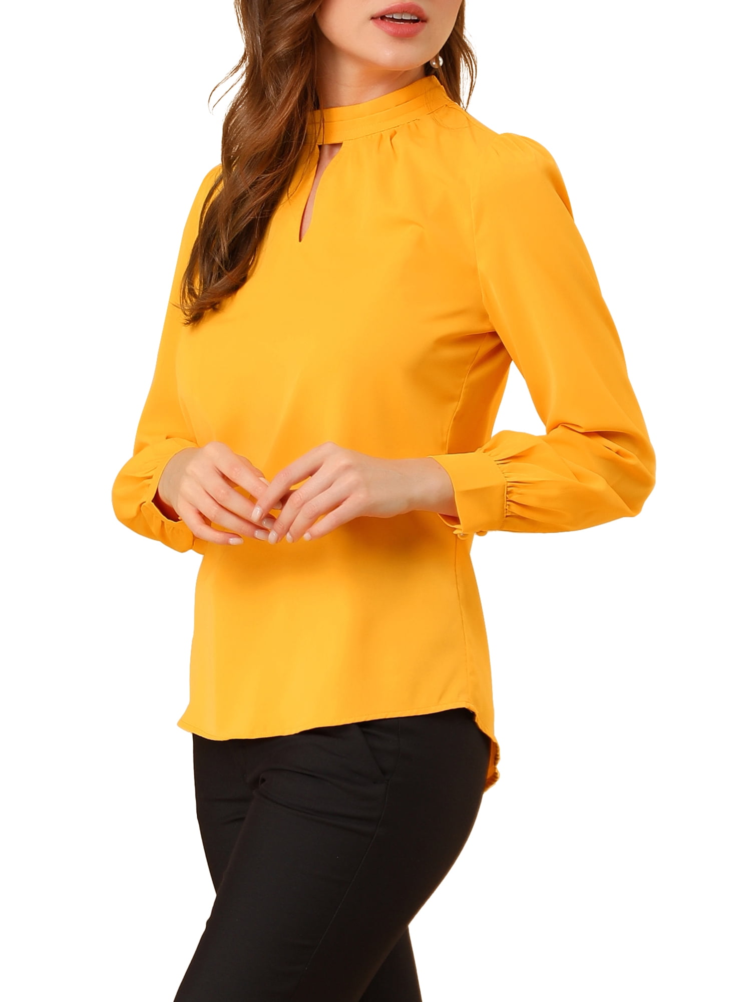 DARING DIVA Women's Stand Collar Long Sleeve Office Blouse XL Bright Yellow