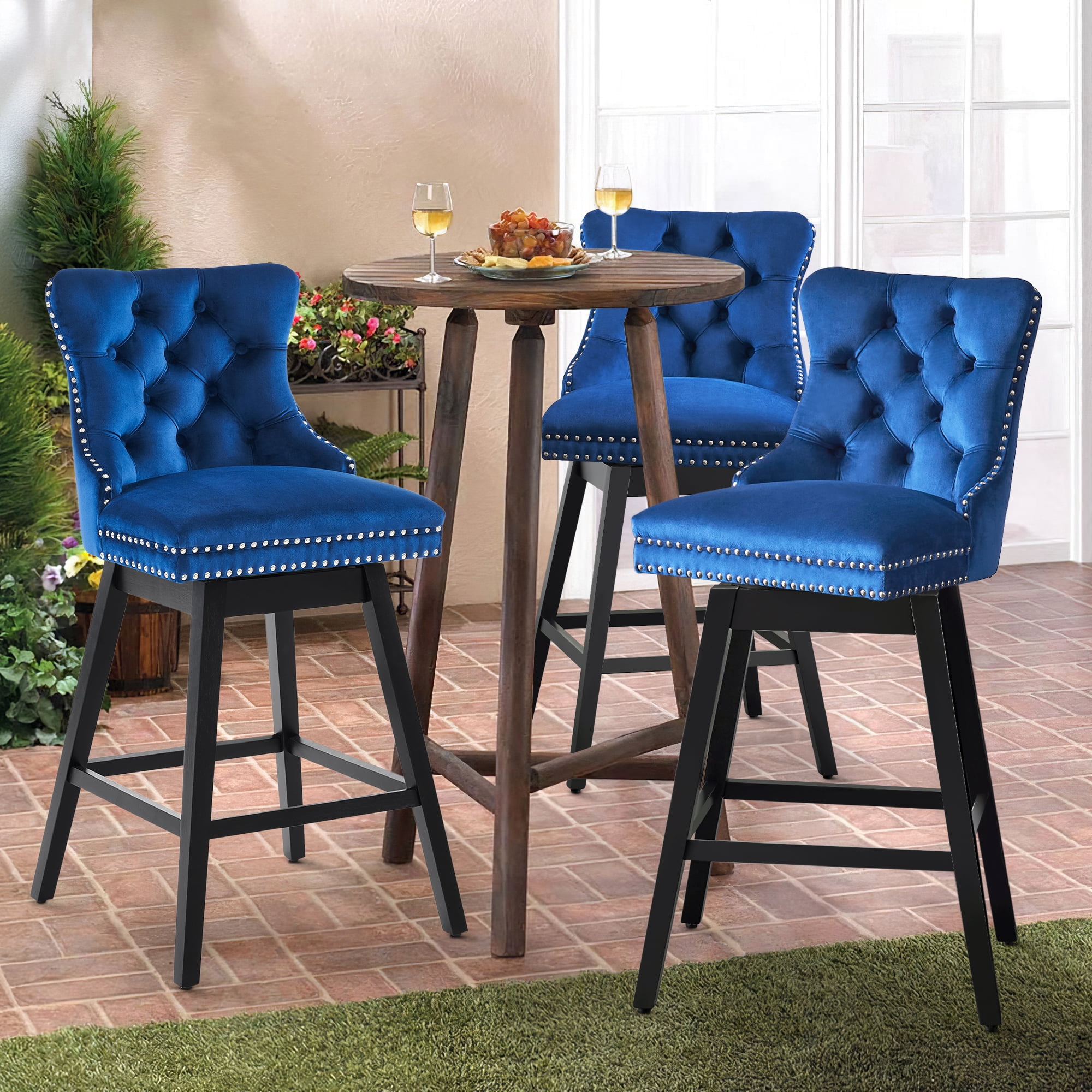 Tewloss 30" Swivel Bar Stools Set of 5 With Back Velvet Bar Height Chairs for Home Kitchen, Blue
