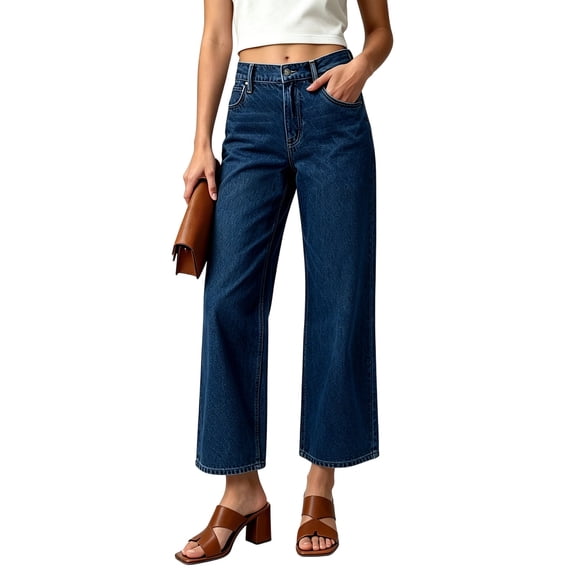 ABSUYY Womens High Rise Wide Leg Jeans Cropped Ankle Length Stretch Denim Pants Dark Blue,Size M