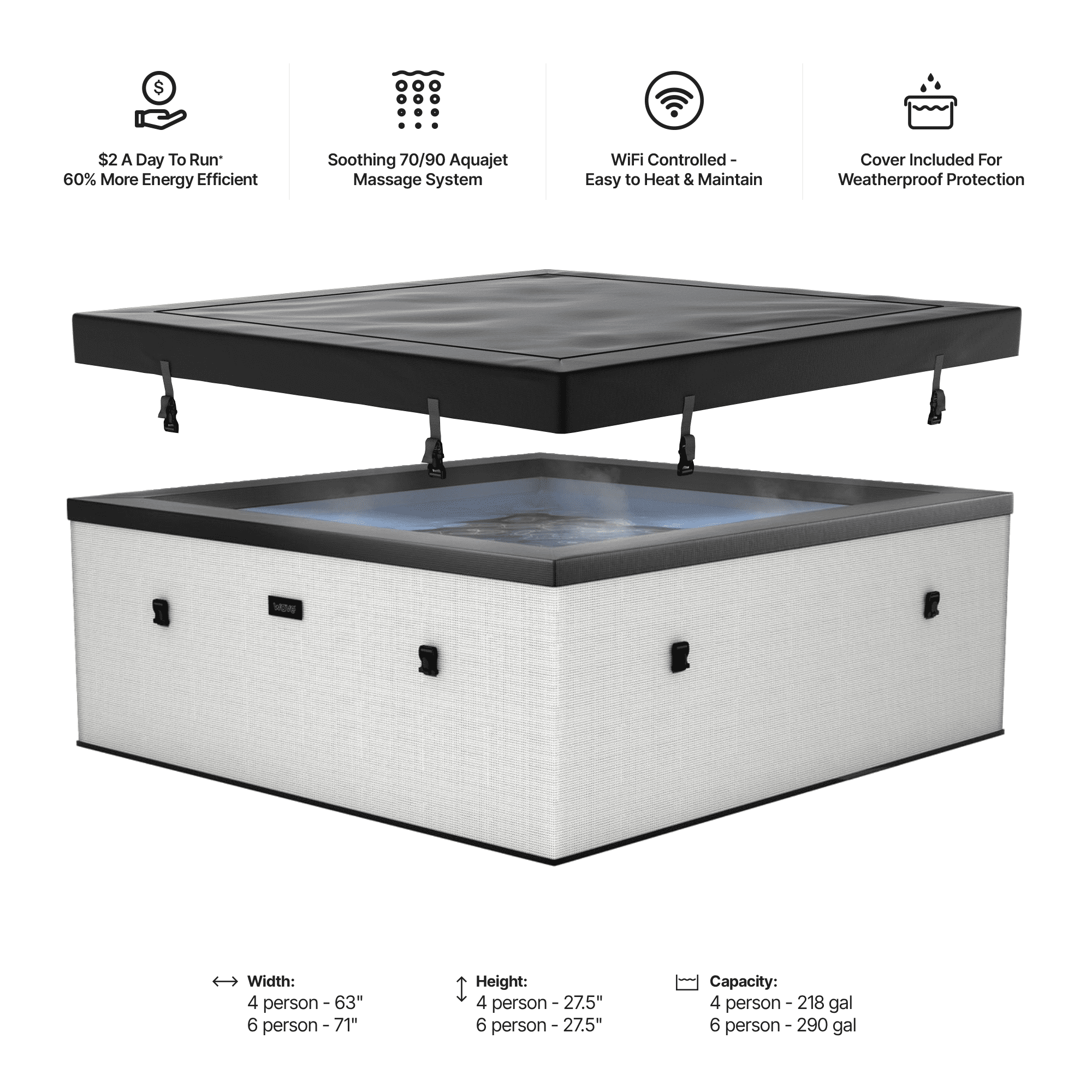 Wave Garda 6-Person Square Eco Foam Hot Tub, EnergySave Bundle | 90-Jet Spa | Pebble White