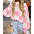 thumbnail image 5 of Women'S Fall Fashion Roll-Neck Long Sleeve Plaid Ribbed Knit Loose Pullover Sweater Tops Pink Checkered L, 5 of 9