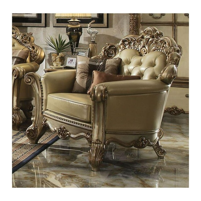 ACME Vendome Faux Leather Tufted Chair with 2 Pillows in Bone and Gold Patina