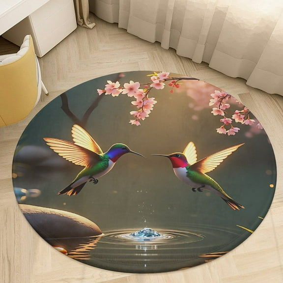 Colorful Hummingbirds Flowers Round Area Rugs for Bedroom Living Room, 3FT Soft Indoor Circle Carpets, Carpet Home Decor Floor Mat