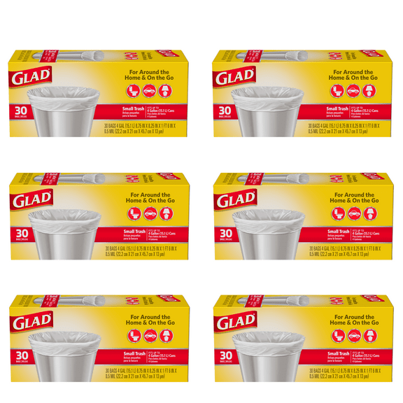 Glad Small 4 Gallon Trash Bags, 30 per Box, Pack of 6 (Total of 180 Bags)