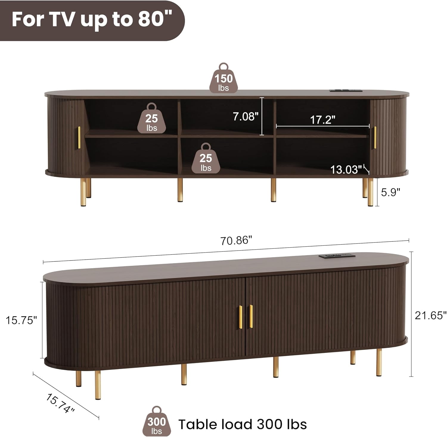 70.8 Inch Mid-Century Modern TV Stand with Power Outlet and Sliding Doors, Entertainment Center with Adjustable Storage Shelves, for TVs up to 80 Inches, Dark Walnut