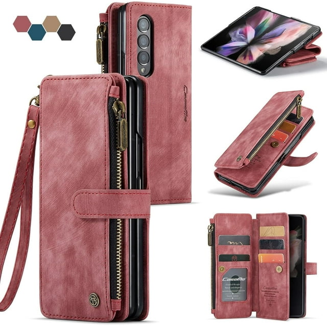 Para Samsung Galaxy Z Fold 4 5G Funda tipo billetera con Tarjetero, Muñequera con Correa de Cordón de Bolsillo con Cremallera Magnética con soporte, Funda tipo Billetera de Cuero con tapa