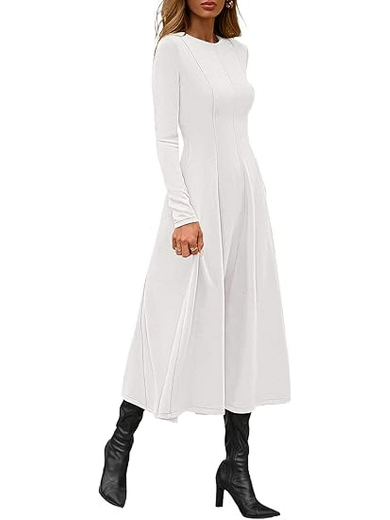 Prettygarden Women's Fall Long Sleeve Midi Dress Casual Elegant Ruffle Flowy A Line Swing Cocktail Party Dresse, Size: 2XL, White