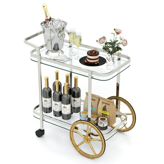 Gymax 2-Tier Serving Cart w/ Tempered Glass Shelves 2 Large Aluminum Front Wheels