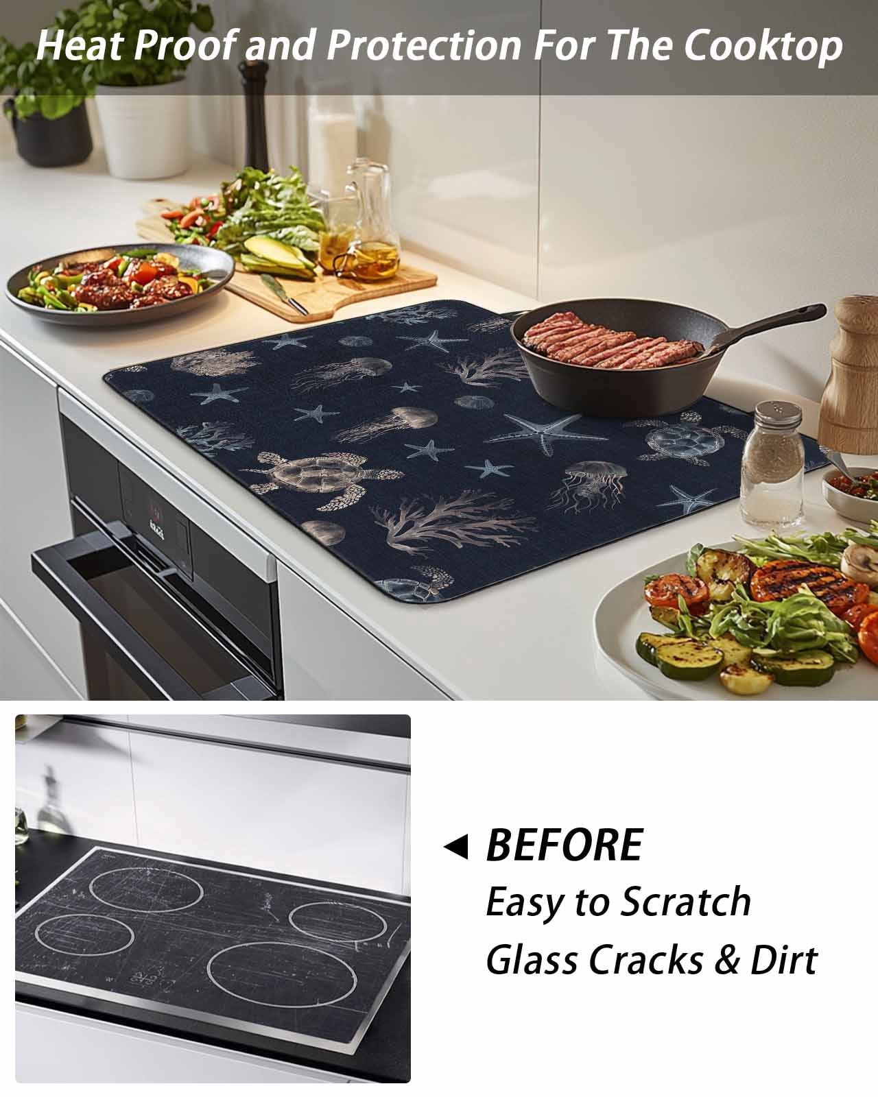 Stove Top Covers for Electric Stove, Navy Blue Coastal Glass Stovetop Cover Protector, Nautical Summer Beach Sea Turtle Starfish Induction Cooktop Protector Oven Mat for Kitchen Countertop 24"x21"