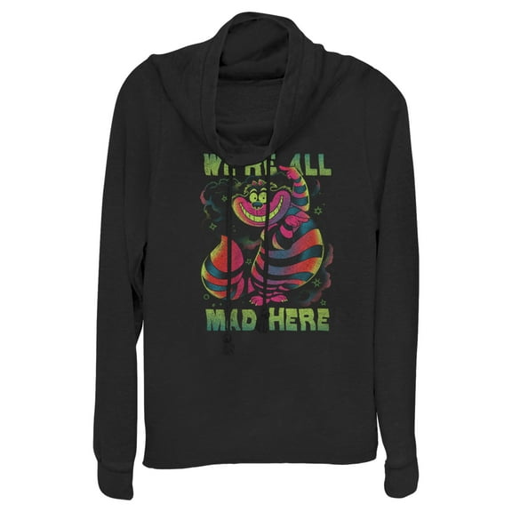 Junior's Alice in Wonderland Rainbow Cheshire  Cowl Neck Sweatshirt Black 2X Large
