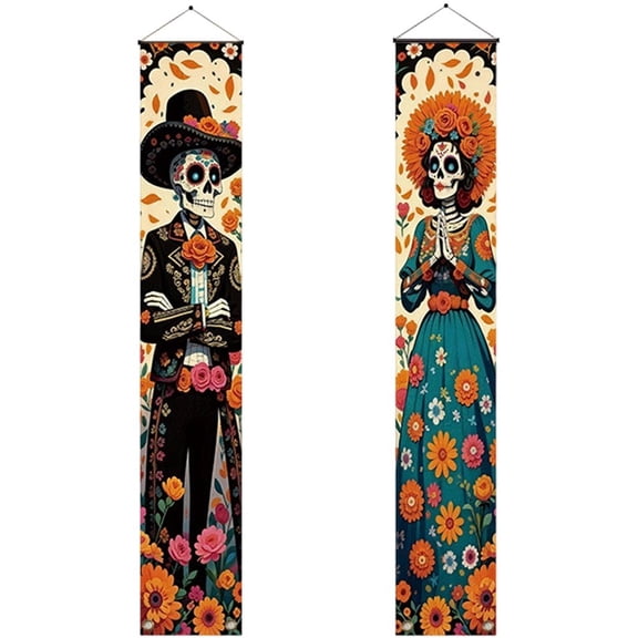 Vjnyvs Polyester Day of the Dead Sugar Skull Door Banner Porch Sign Dia De Los Muertos Couple Decor 1-Pair