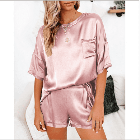 

2021 European And American Spring New Pure Color Silk-Like Pajamas Home Wear Short Sleeve Shorts Irregular Two-Piece Suit