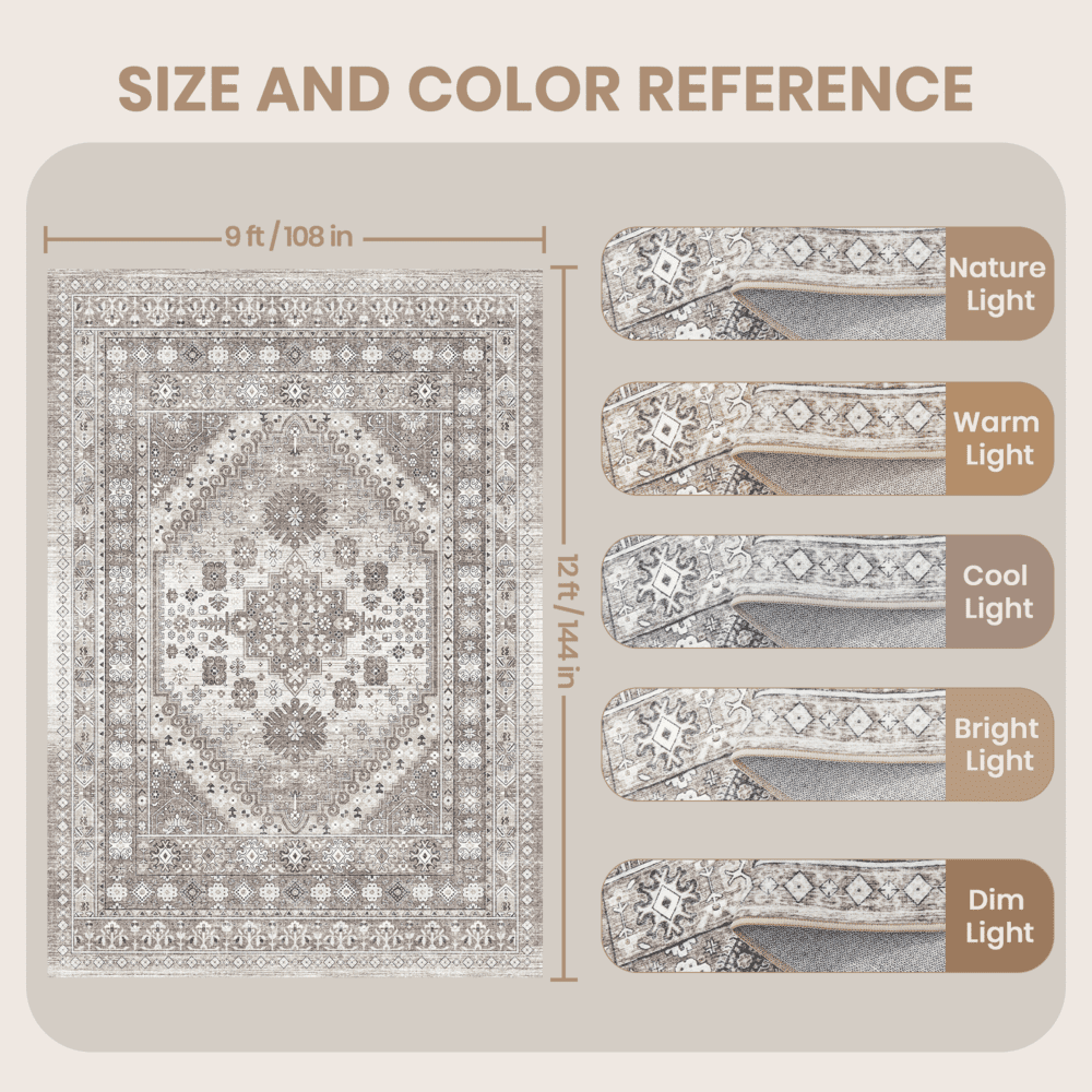 Roxstand 9x12 Area Rugs for Living Room, Vintage Large Area Rug, Non-Slip Backing Washable Rug, Stain Resistant Home Decor Rug (9'x12', Brown)