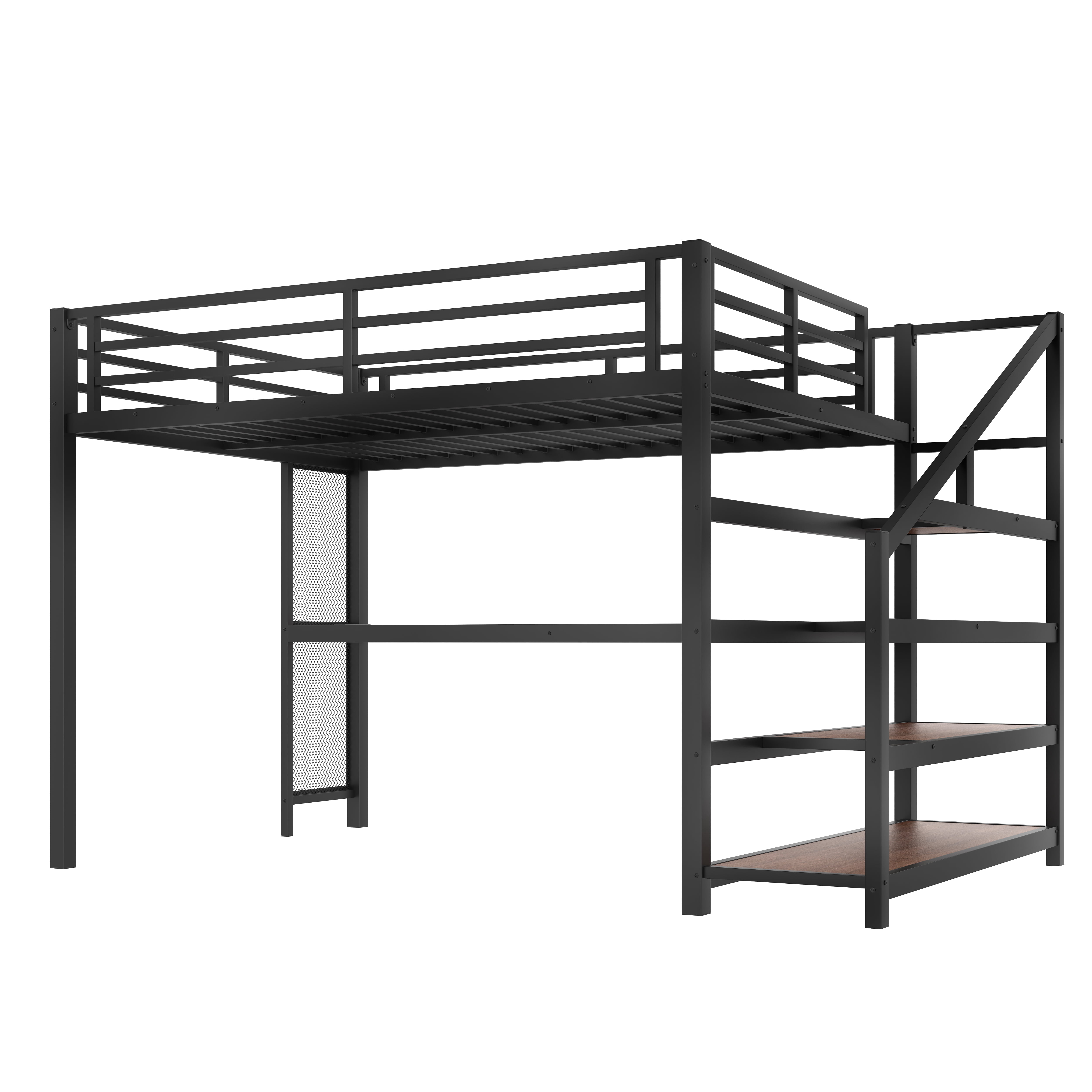 Mintazer Queen Loft Bed with LED Light & Desk and Charging Ports, Metal Loft Bed with Storage Shelves Stairs for Bedroom Playroom Game Room, Black