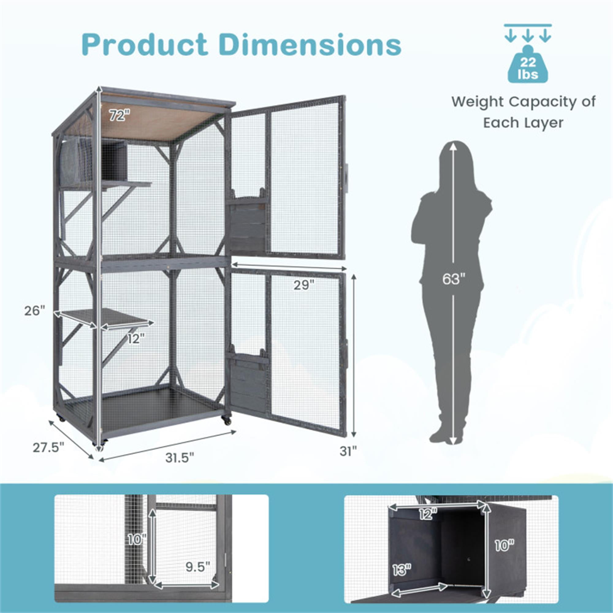 Pefilos 72" Outdoor Wood Cat House, 3 Floors Cat Enclosure Catio, Indoor Kitten Playpen with Resting Box, Cat Cage Waterproof Asphalt Roof, Gray