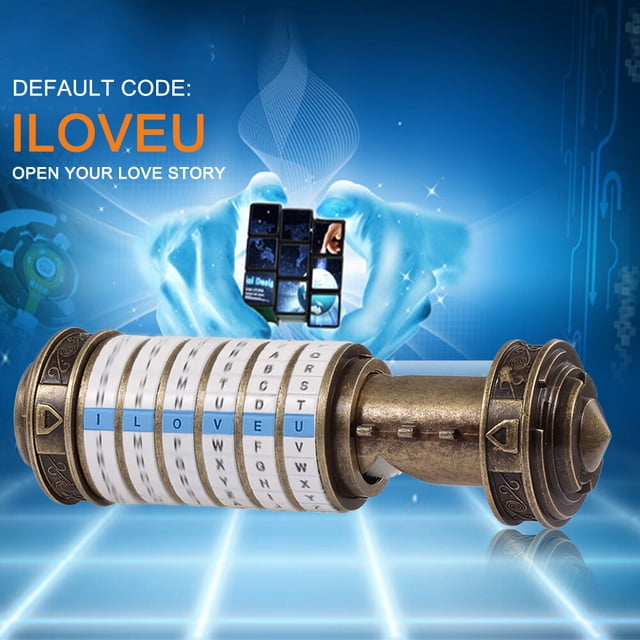 Romantic Zinc Alloy Cryptex Lock with Customizable 6-Letter Password, Includes Gold (20mm) & Silver (18mm) Titanium Steel Couple Rings, Love Letter, Chain Set – Brown Da Vinci Code Toy for