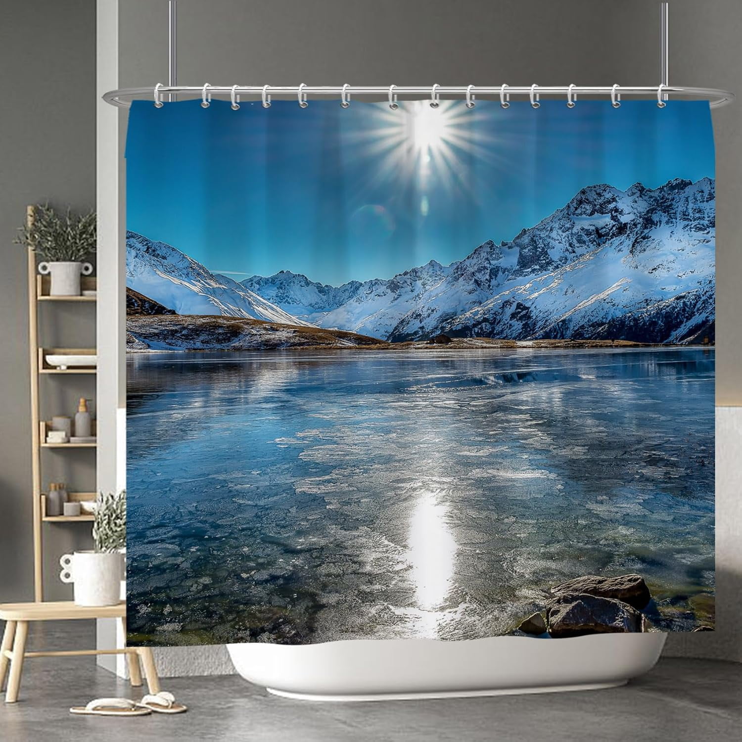 Snow Moutain Lake Bath Curtains Shower with Hooks Nature View Winter Bathroom Shower Curtain Set 84x72 Inch Sunshine Frozen River Decorative Bath Set Waterproof Fabric Bath Curtain with Hooks