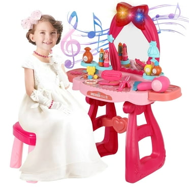 ZNNT Toddler Vanity Set, Pretend Princess Girls Vanity Table with Mirror, Cosmetics and Hair Dryer, Kids Vanity Table and Chair Set for 2 3 4 5 Year Old Girls (36Pcs/Red）