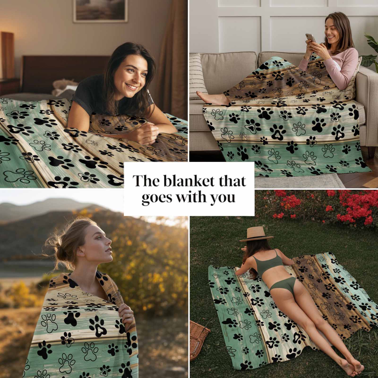 Dog Claw Paw Print Throw Blankets, Pet Green Brown Farmhouses Wood Soft Fleece Blanket Decorative for Home Sofa Couch Chair Living Bedroom, 30x40 Inches,