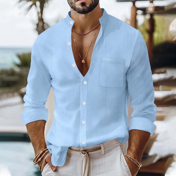pstuiky camisas de manga larga para hombre, Camisa informal de manga larga con cuello alto y bolsillos para hombre, con botones y color liso Tops casuales para hombres xxl